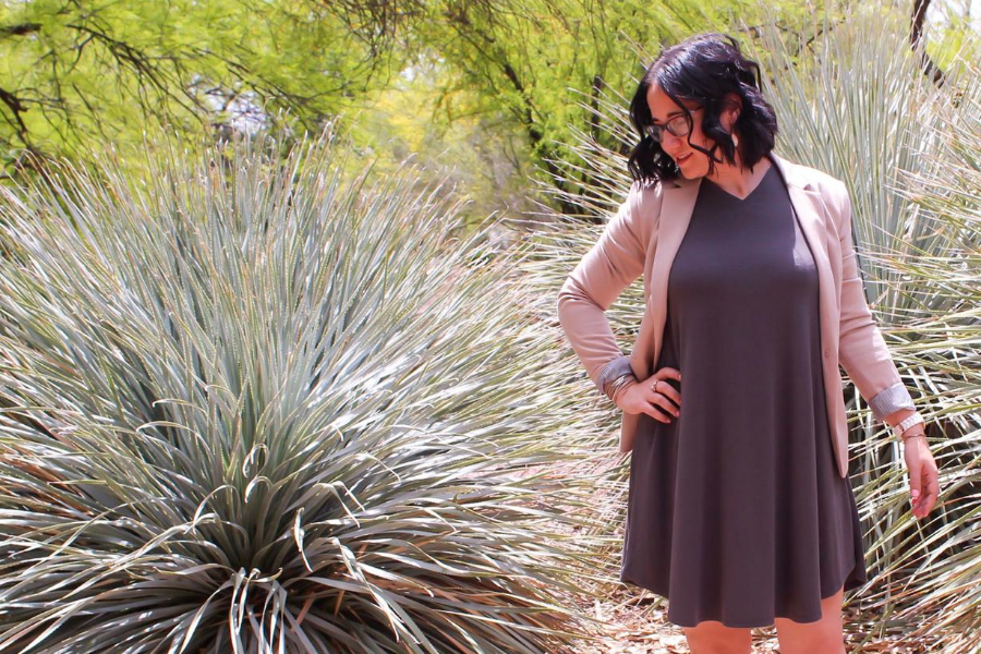 Wearing a grey T-Shirt dress with blazer