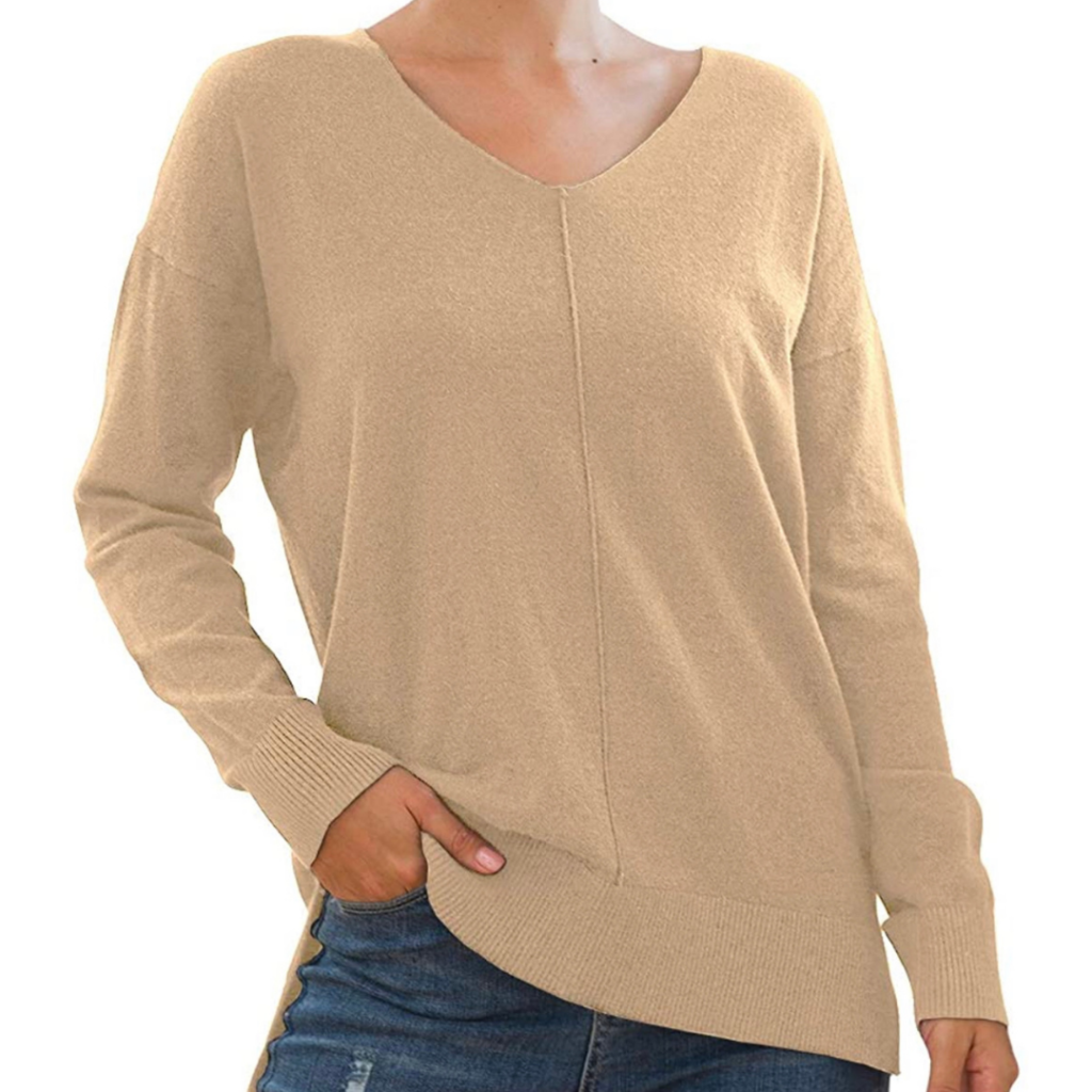 Woman wearing beige sweater