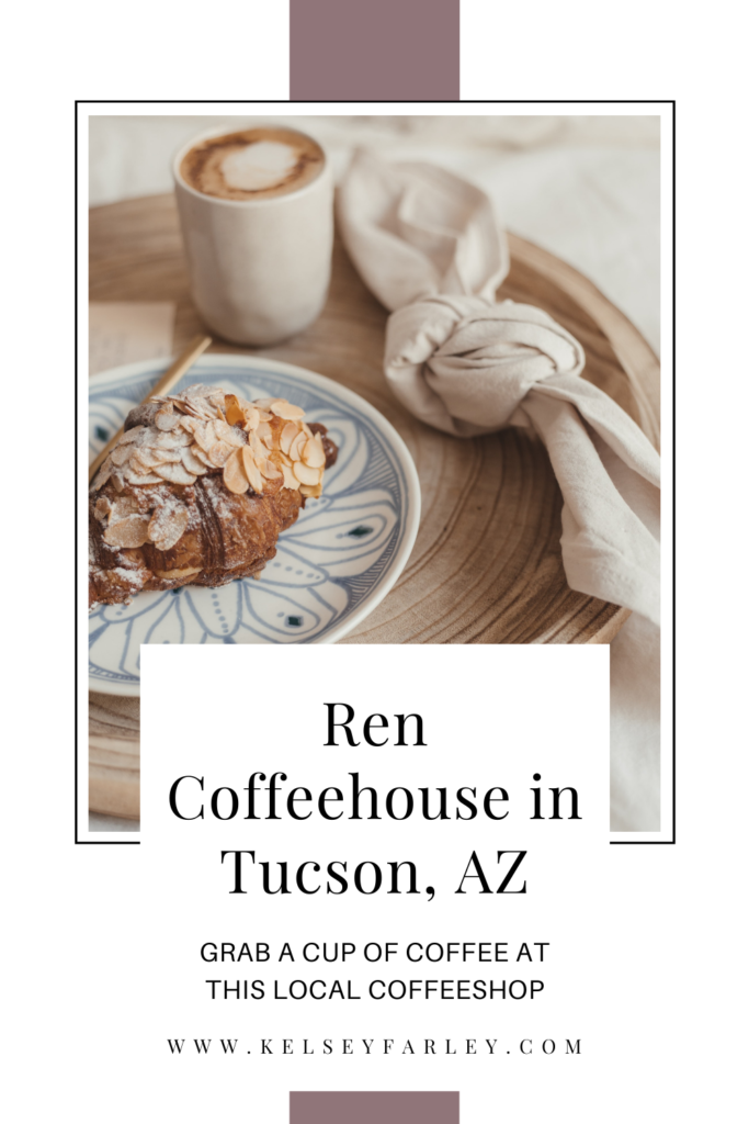 Scone with a cup of coffee on a tray with black writing that says Ren Coffeehouse in tucson, az