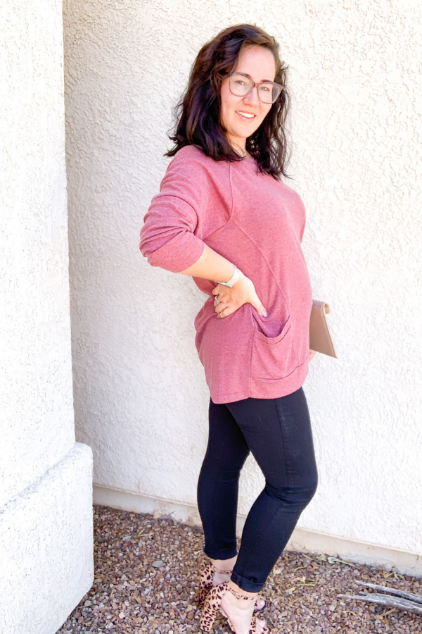 Rose sweater with black jeans and leopard heels