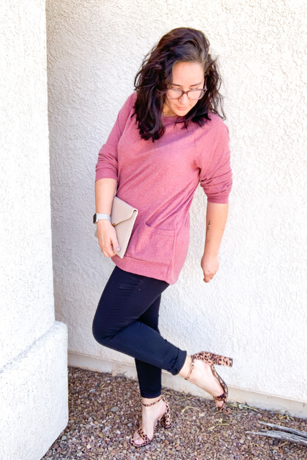 Rose sweater with leggings and leopard heels