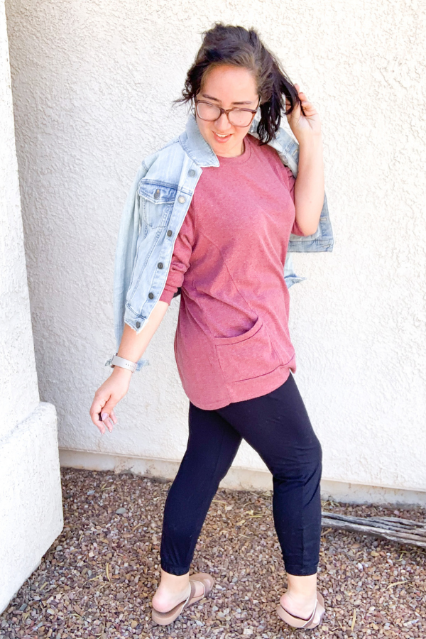 Rose sweater with a jean jacket and leggings