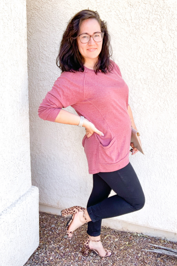 Rose sweater with black jeans and leopard heels