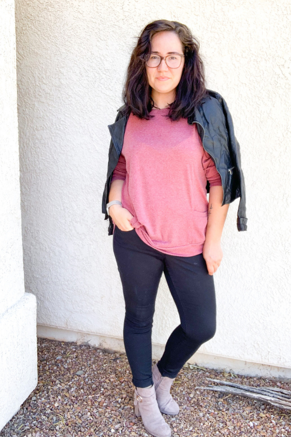 Rose sweater with black jeans and leather jacket