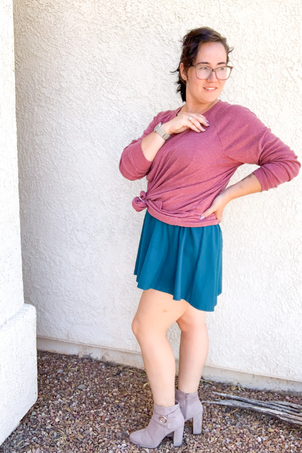 Rose sweater with teal skirt and booties