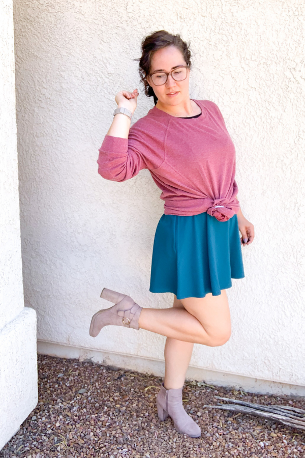 Rose sweater with teal skirt and booties