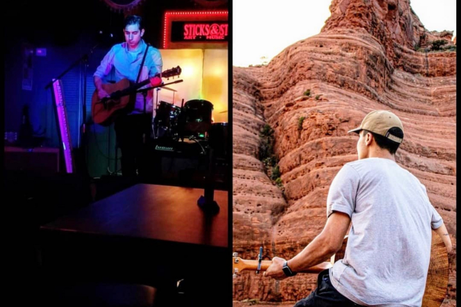 Side by side picture of two men playing guitars