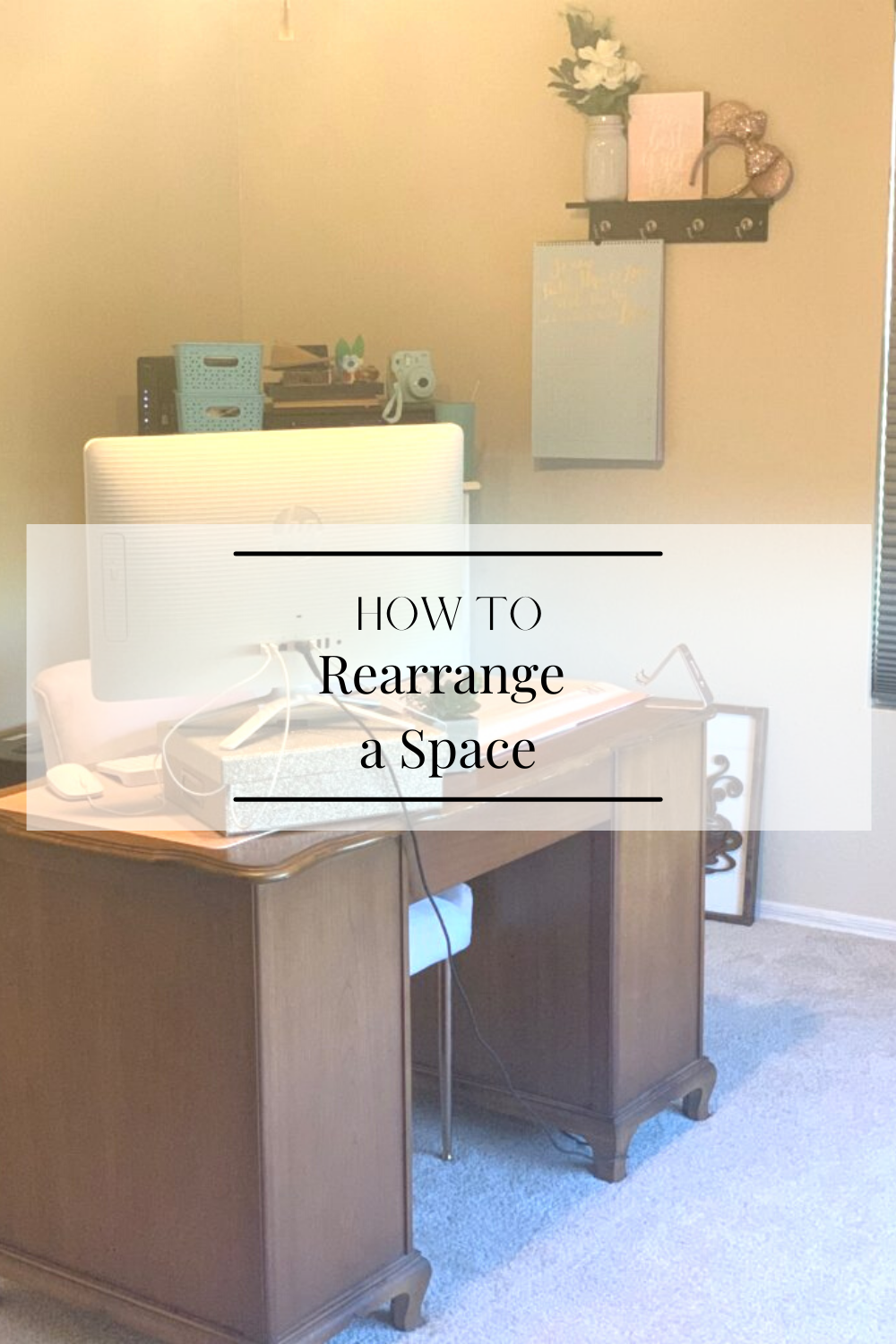 A brown desk with a white computer and a shelf on the wall behind it with text overlay on top