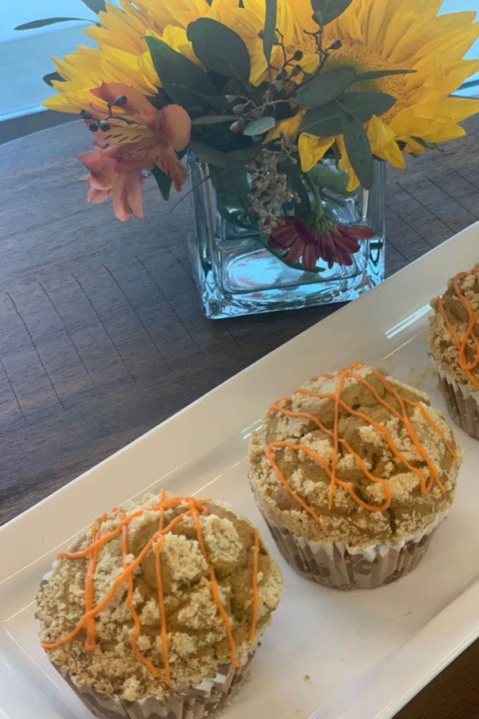 Muffins on a white plate with a yellow flower